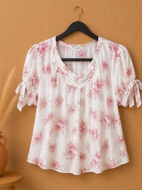Siren Lily White Blouse with Pink Floral Tie-Sleeves